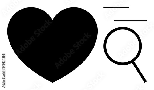 Black heart beside magnifying glass with motion lines, symbolizing exploring, valuing, or finding love. Ideal for dating, evaluation, research, emotions relationships care discovery. Simple flat