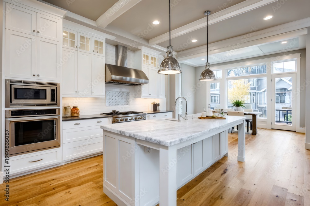 Fototapeta premium Modern kitchen interior design featuring large island and white cabinets