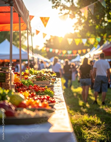 Vibrant Outdoor Food Festival with Fresh Produce and Sunset Flare