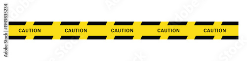 Yellow caution tape with black stripes and text. Safety barrier, warning line, and restricted area border. Vector Illustration.