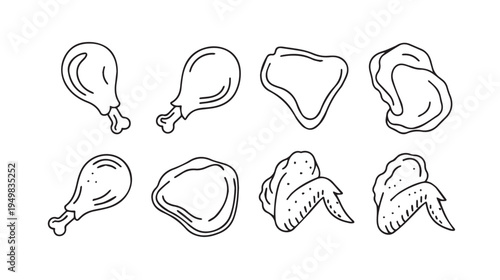 Chicken Pieces Line Art Icons: Drumsticks Wings and Other Cuts on White Background