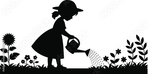 Child watering plants silhouette vector, garden nature artwork, environmental care illustration, childhood activity design, black silhouette drawing clipart
