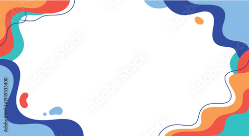 Vibrant abstract illustration features swirling shapes in blue, orange, and green hues.