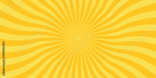 Yellow sunburst background with swirling radial rays. Retro pop art style sun beam pattern for summer designs. Vector Illustration.