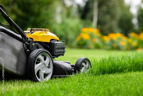 Lawn mower cutting fresh green grass in garden