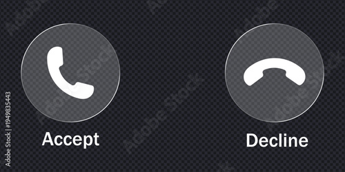 Incoming call accept and decline glassmorphism buttons. Mobile interface phone call icons with transparent circular backgrounds. Vector Illustration.