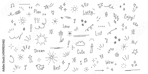 Set of cute hand-drawn doodles, stars, and icons. Minimalist black ink sketches for planners and bullet journals. Vector Illustration.