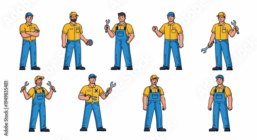 Set of cartoon mechanic and handyman characters in various poses holding tools, professional worker vector illustrations on white background.