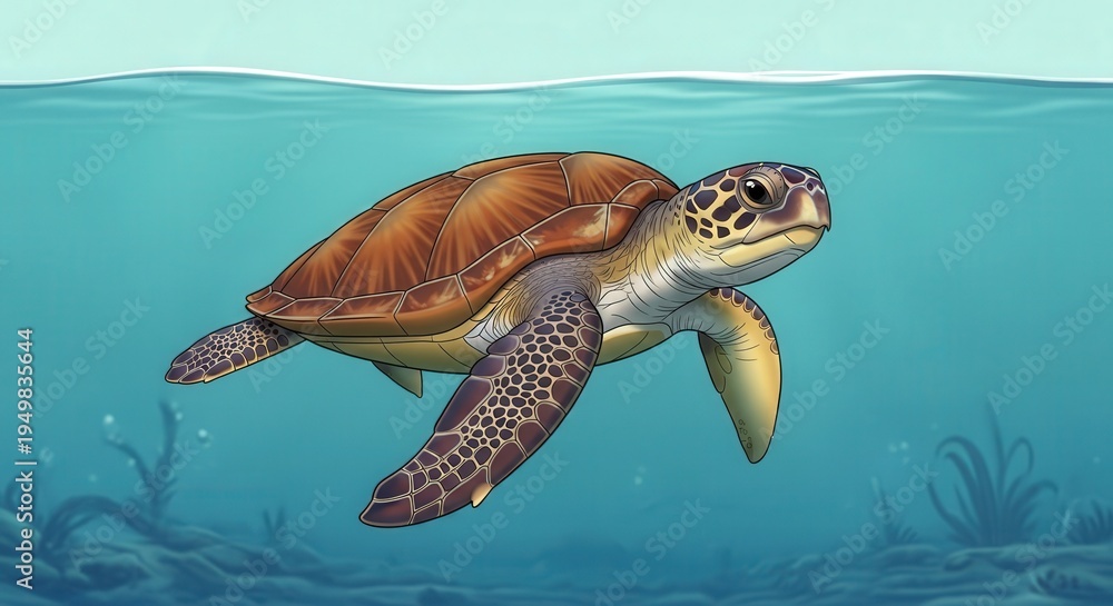 Fototapeta premium Underwater Scene Featuring a Sea Turtle Swimming Above Ocean Floor