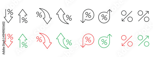 Percentage increase and decrease arrow icon set. Financial growth and decline symbols for business analytics. Vector Illustration.