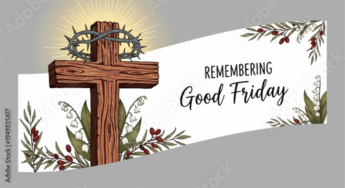 Good friday banner with wooden cross crown of thorns and floral design on white background