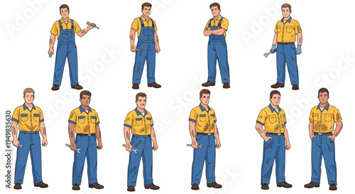 Set of Illustrations of a Male Mechanic Character Wearing Yellow Shirt and Blue Workwear in Various Professional Poses with a Wrench