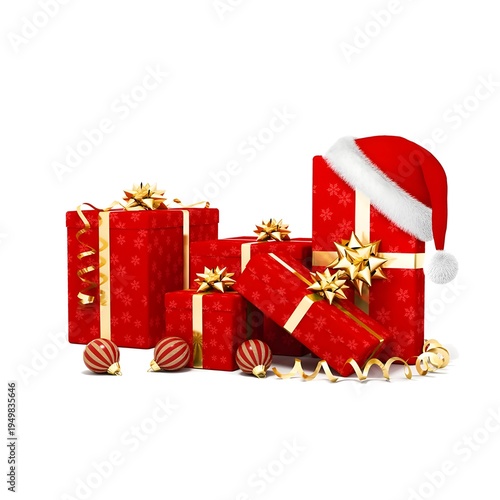 Christmas presents  gift box and santa hat on white background