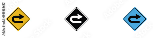 U-turn traffic road sign icon set. Directional arrow symbols for navigation and transportation. Vector Illustration.