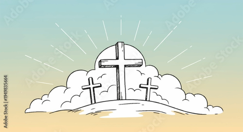 Three crosses on a hill with clouds and sun rays symbolizing faith and spirituality