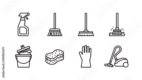 Cleaning Supplies Icons Set: Spray bottle mops bucket sponge gloves vacuum. Line art
