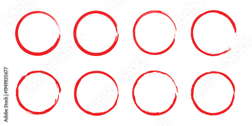 Set of red hand-drawn brush circle frames. Rough ink stroke round borders and zen ensō symbols for highlighting and decoration. Vector Illustration.