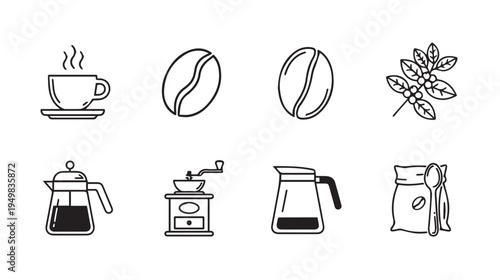 Coffee Icons: Cup Beans Plant Grinder Pots BagLine Art