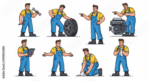 Set of vector illustrations featuring a male mechanic character in blue overalls performing different automotive service tasks and poses