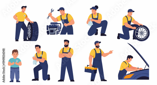 Collection of diverse auto mechanics in uniforms performing various car repair and maintenance tasks, including engine work and tire changes.