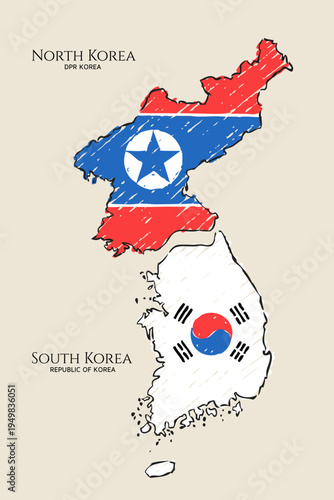 Korea Peninsula Map Sketch - North and South flag concept