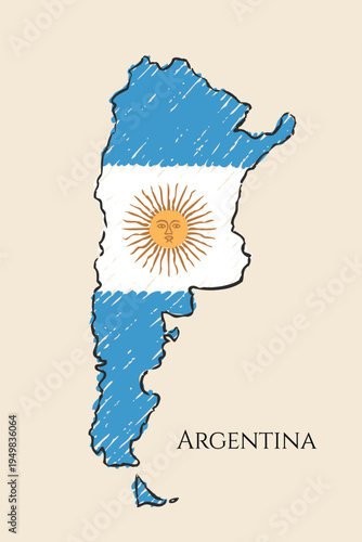 Argentina Map Sketch - hand drawn Argentine flag illustration