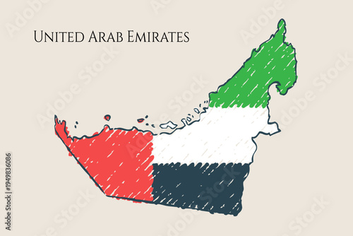 United Arab Emirates Map Sketch - hand drawn UAE flag illustration