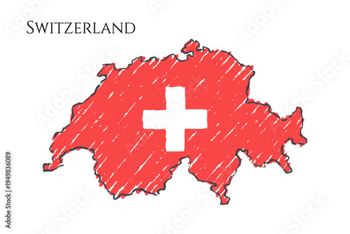 Switzerland Map Sketch - hand drawn Swiss flag illustration