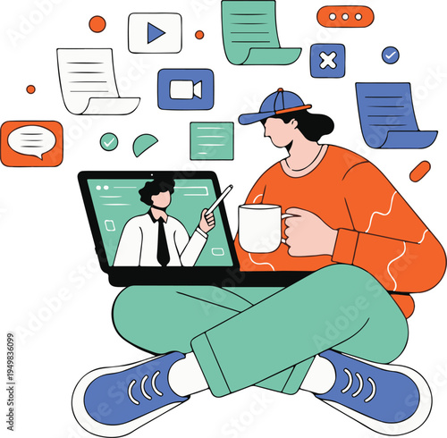 Online Video Call and Remote Learning Concept – Student Watching Teacher on Laptop Vector Illustration