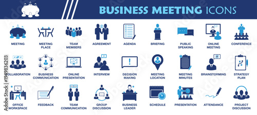 Business Meeting Icon Set. Collection of Conference, Presentation, Briefing, Team Members, Agreement, Agenda, Online Meeting, Interview, Brainstorming, Strategy Plan, Group Discussion, and More Icons.