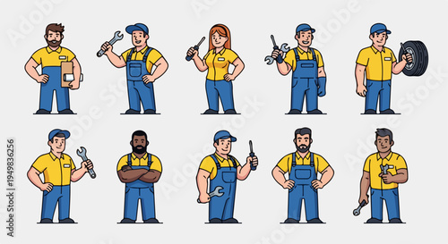 Diverse set of male and female mechanic character illustrations wearing yellow and blue uniforms, holding professional tools and equipment.