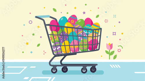 Vibrant Easter shopping cart vector illustration filled with colorful decorated eggs, perfect for holiday sales, promotions, and spring marketing campaigns.