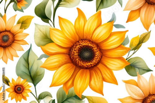 Watercolor sunflowers floral pattern with green leaves