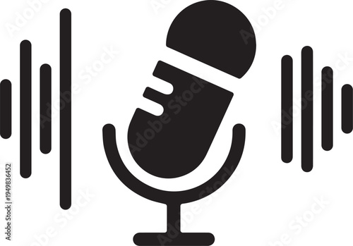 Podcast Microphone Icon with Sound Waves Audio Recording Voice Recognition Vector Symbol