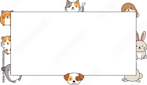 Cute animals peeking from behind a blank sign frame