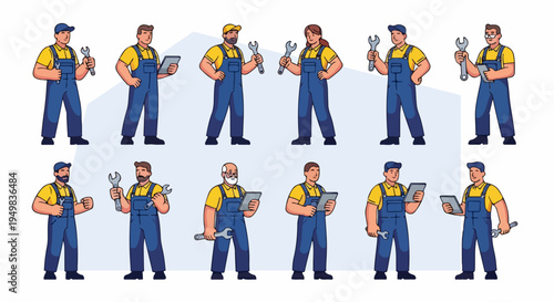 Set of diverse male and female mechanic and technician characters wearing blue overalls and yellow shirts, holding tools and tablets.