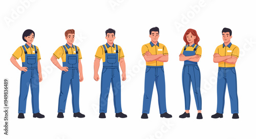 Vector illustration of a diverse team of professional service workers in yellow and blue uniforms standing in different poses.