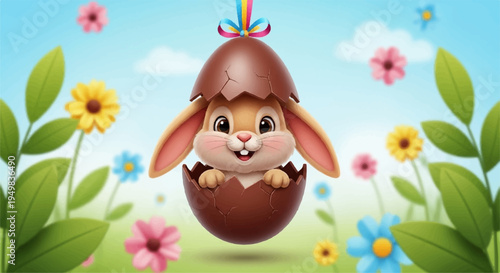 Cartoon bunny emerges from chocolate easter egg in colorful spring garden with flowers