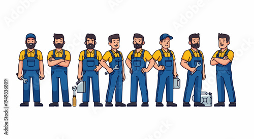 Set of professional cartoon mechanics in blue overalls and yellow shirts with tools, isolated on white background for service and repair concepts.