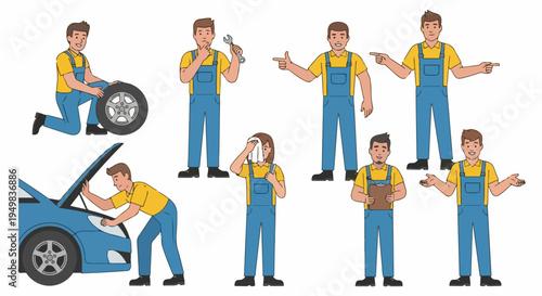 Set of cartoon male mechanic characters in various poses for car repair services, maintenance, and automotive industry illustrations.