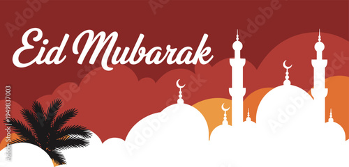 Eid Mubarak greeting card, Islamic mosque silhouette, crescent moon minarets, palm tree, festive red orange gradient background, religious celebration design