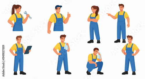 Cartoon mechanics set featuring male and female workers in blue overalls and yellow shirts, showing various poses and actions like repairs and inspections.