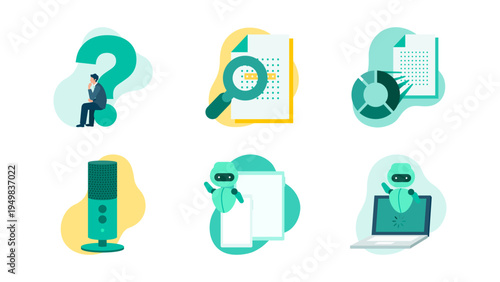 Artificial intelligence business icon set featuring data visualization transcription and chatbot symbols for smart technology integration and professional management solutions with automation.
