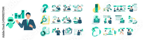 Modern business workforce using artificial intelligence solutions for data visualization and voice recognition to improve workflow efficiency through digital transformation reskilling.