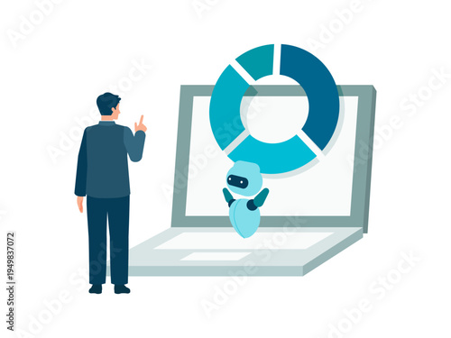 AI robot assistant generating a pie chart for data visualization and market analysis with a businessman, facilitating rapid decision making and information processing in a professional environment