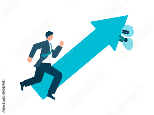 Business growth and success concept featuring an AI robot assistant and businessman with a rising arrow, representing progress, vision, and the achievement of corporate goals through technology
