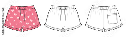 Women’s Drawstring Ruffle Hem Lounge Shorts Technical Fashion Illustration. Elastic Waist Drawstring Pajama Shorts with Back Pocket Vector Template. Front and Back View Apparel CAD Mockup.