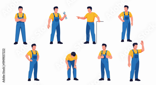 Set of flat characters of a male worker in blue overalls and yellow t-shirt performing various actions and poses