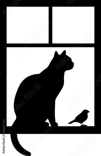 Black Silhouette of a Cat and Bird Sitting on a Window Sill Vector Illustration
