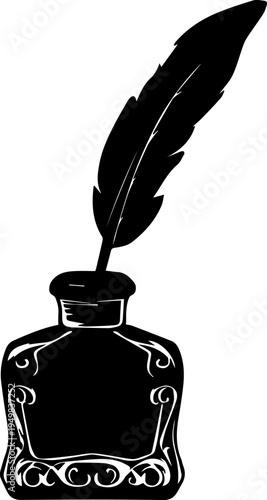 Vintage Inkwell and Quill Feather Pen Silhouette Illustration Vector Graphic for Writing and Calligraphy